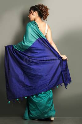 Teal plain blended cotton saree with blouse 2