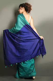 Teal plain blended cotton saree with blouse
