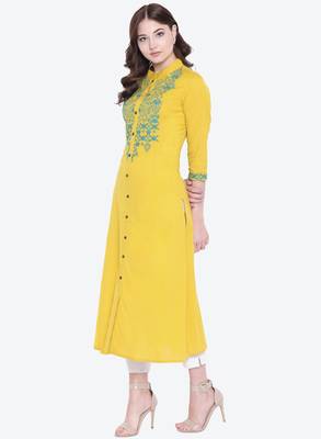 Yellow embroidered cotton embroidered-kurtis 2
