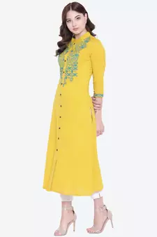Yellow embroidered cotton embroidered-kurtis