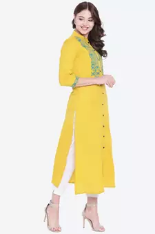 Yellow embroidered cotton embroidered-kurtis