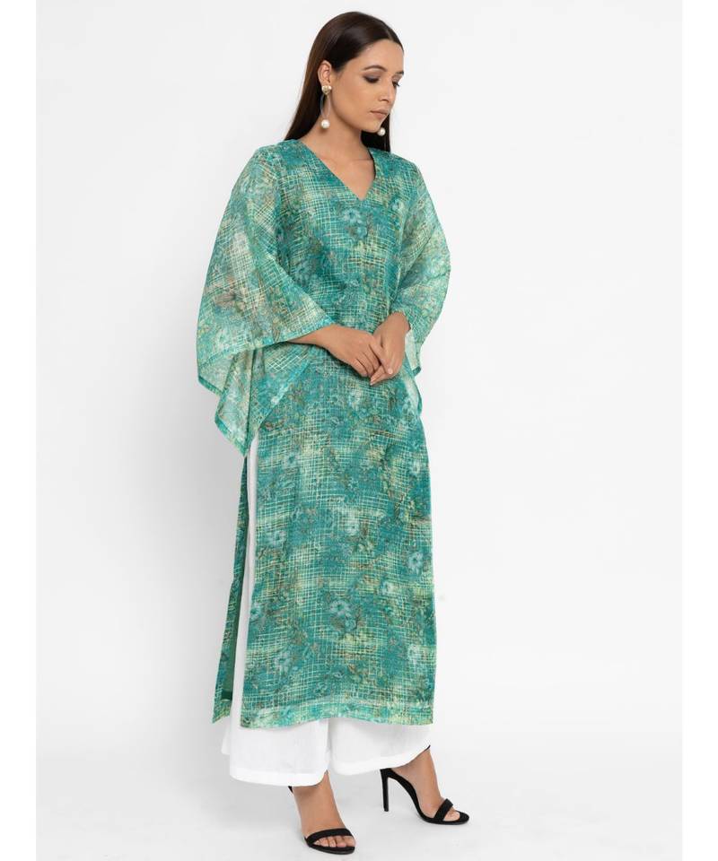Green Printed Bell Sleeve Kurta TRUEBROWNS LIFESTYLE PVT. LTD. 3321588