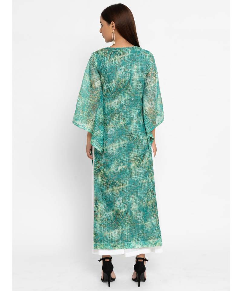 3 Green Floral Pom Pom Bell Sleeve Kurta with Salwar Set
