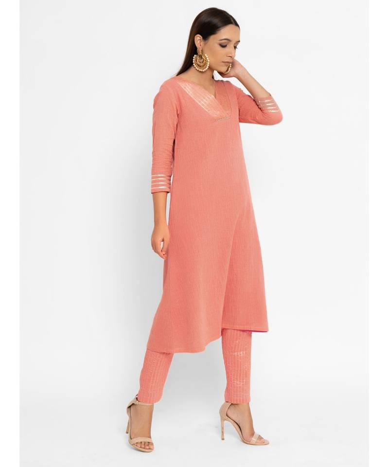 Women's Peach Floral Fit and Flare Kurta