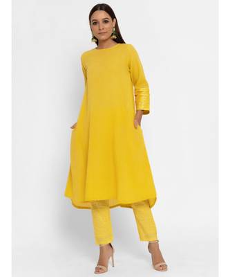 Khadi Yellow Flare Kurta Pant Set 1