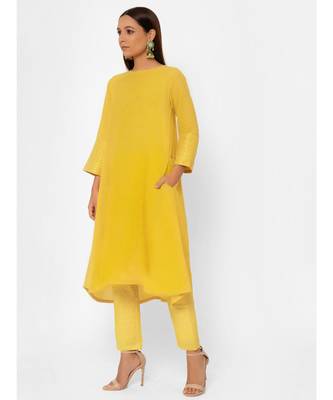 Khadi Yellow Flare Kurta Pant Set 3
