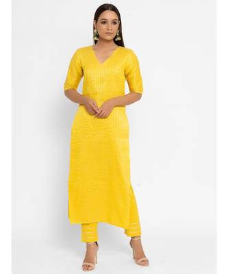 Chanderi Yellow Striped Long-Slit Straight Kurta Pant Set 1