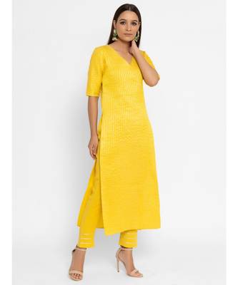 Chanderi Yellow Striped Long-Slit Straight Kurta Pant Set 2