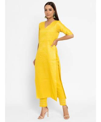 Chanderi Yellow Striped Long-Slit Straight Kurta Pant Set 3