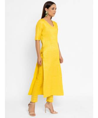 Chanderi Yellow Striped Long-Slit Straight Kurta Pant Set 4
