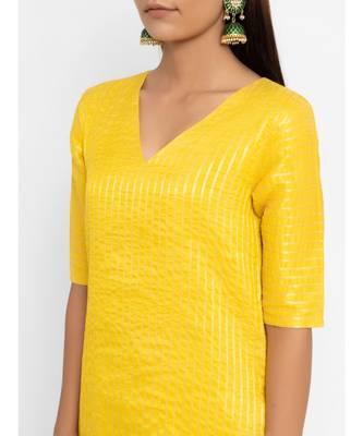 Chanderi Yellow Striped Long-Slit Straight Kurta Pant Set 6