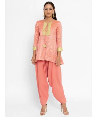 Chanderi Peach Front Tie-Up Flared Kurta Patiala Set 1