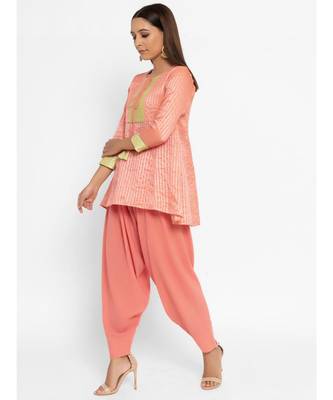 Chanderi Peach Front Tie-Up Flared Kurta Patiala Set 3