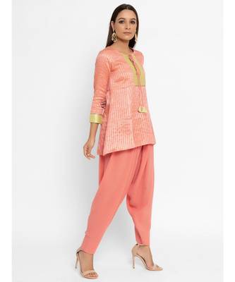 Chanderi Peach Front Tie-Up Flared Kurta Patiala Set 4