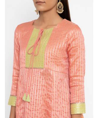Chanderi Peach Front Tie-Up Flared Kurta Patiala Set 5