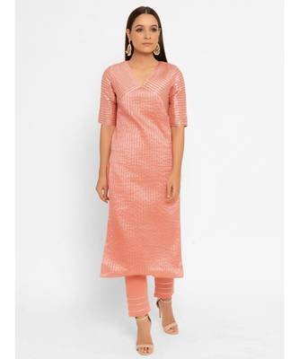 Chanderi Peach Striped Diagonal Yoke Straight Gota Kurta Pant Set 1