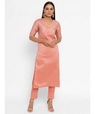 Chanderi Peach Striped Diagonal Yoke Straight Gota Kurta Pant Set 2