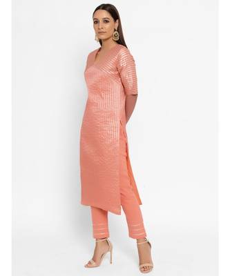 Chanderi Peach Striped Diagonal Yoke Straight Gota Kurta Pant Set 3
