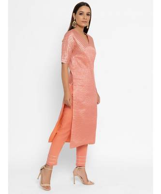 Chanderi Peach Striped Diagonal Yoke Straight Gota Kurta Pant Set 4