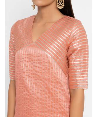 Chanderi Peach Striped Diagonal Yoke Straight Gota Kurta Pant Set 5