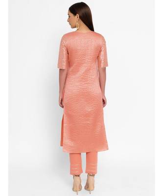 Chanderi Peach Striped Diagonal Yoke Straight Gota Kurta Pant Set 6