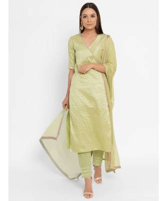 Chanderi Green Striped Straight Gota Kurta Pant Dupatta Set 1