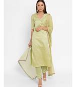 Chanderi Green Striped Straight Gota Kurta Pant Dupatta Set