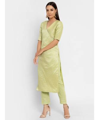 Chanderi Green Striped Straight Gota Kurta Pant Dupatta Set 2