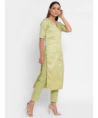 Chanderi Green Striped Straight Gota Kurta Pant Dupatta Set 3
