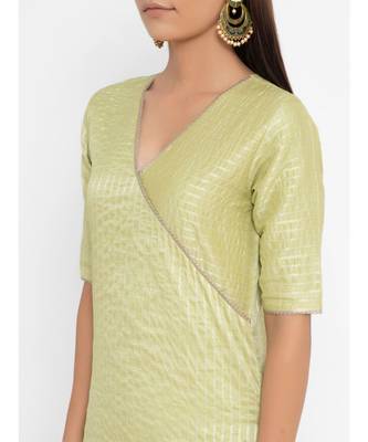 Chanderi Green Striped Straight Gota Kurta Pant Dupatta Set 4