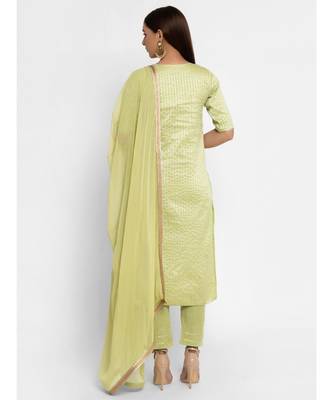 Chanderi Green Striped Straight Gota Kurta Pant Dupatta Set 6