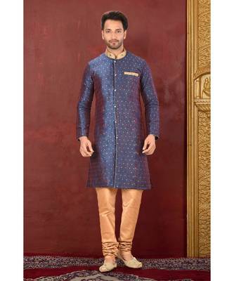 blue embroidered art silk kurta pajama 1