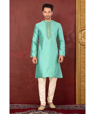 turquoise embroidered cotton kurta pajama 1