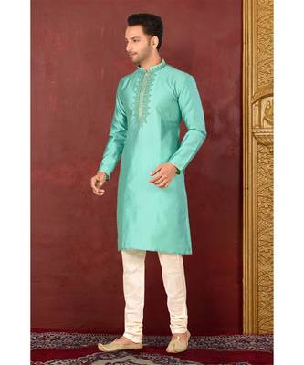 turquoise embroidered cotton kurta pajama 2