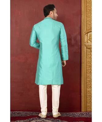 turquoise embroidered cotton kurta pajama 3