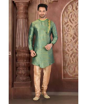 green embroidered Silk kurta pajama 1