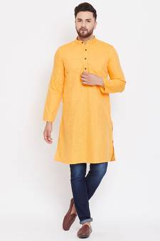 Yellow plain pure linen men-kurtas