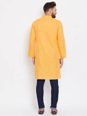 Yellow plain pure linen men-kurtas 3