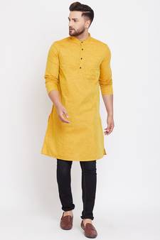 Yellow plain pure linen men-kurtas