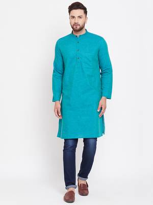 Turquoise plain pure linen men-kurtas 1