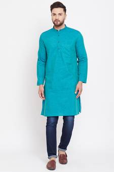 Turquoise plain pure linen men-kurtas