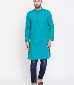 Turquoise plain pure linen men-kurtas