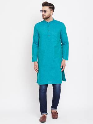 Turquoise plain pure linen men-kurtas 2