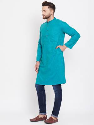Turquoise plain pure linen men-kurtas 4