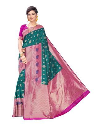 Green woven poly silk saree with blouse 1