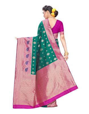 Green woven poly silk saree with blouse 3