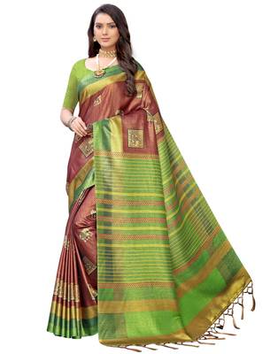 Green printed silk blend saree with blouse 1