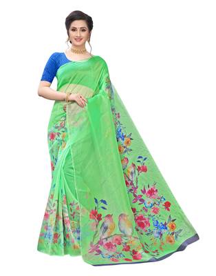 Green printed organza saree with blouse 1