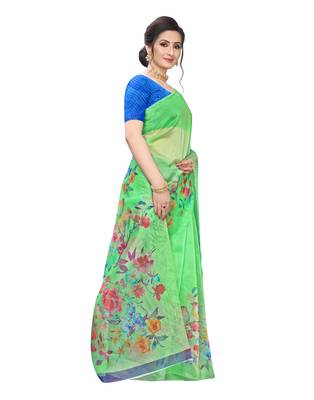 Green printed organza saree with blouse 2