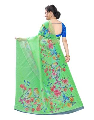 Green printed organza saree with blouse 3